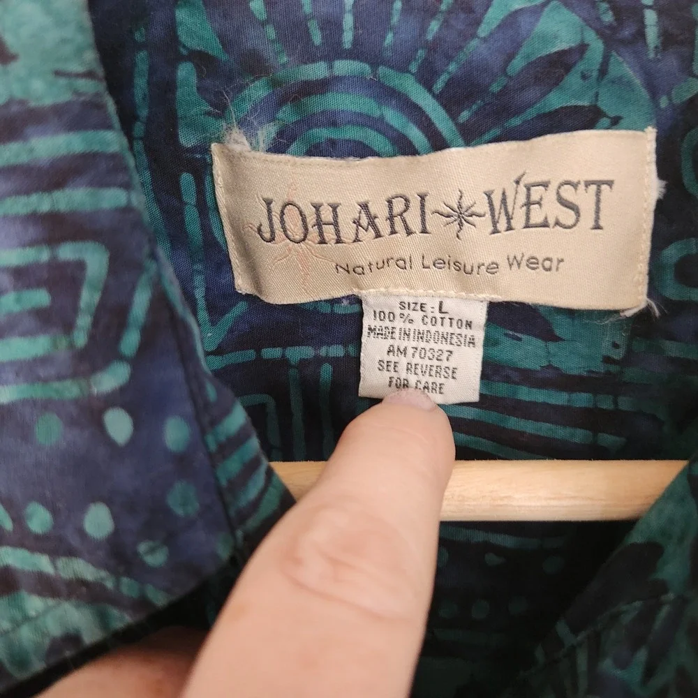 Jahari West Men's Long Sleeve Dark Blue and Teal Tropical Batik Shirt - Large - Picture 6 of 10